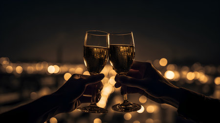 Two hands holding glasses of champagne with bokeh lights on backgroundの素材