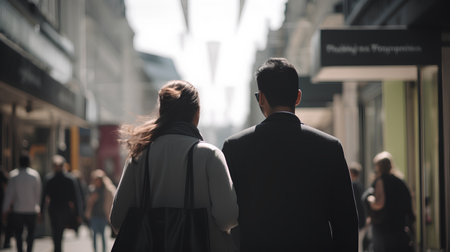Couple in love walking in the city. Man and woman looking at each otherの素材