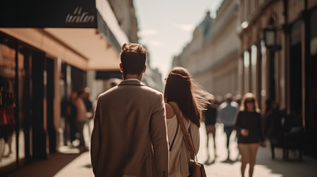 Back view of young couple walking on the street in Paris, Franceの素材