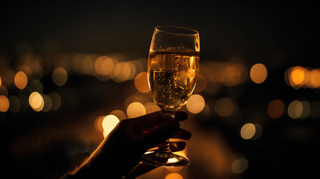 glass of champagne in hand on bokeh background, celebration conceptの素材