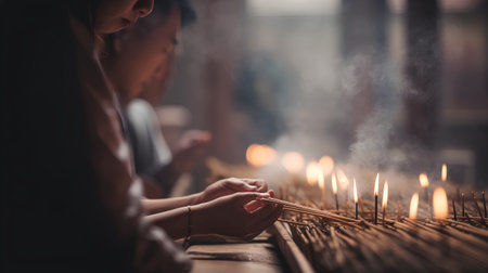 Asian woman lighting candles in a Chinese temple, close-up.の素材