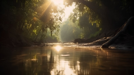 Sunrise over the river in the jungle,Thailand,Asiaの素材