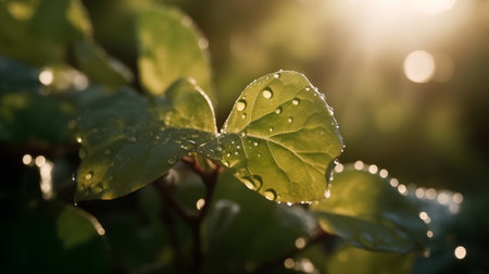 Morning dew on the leaves of a bush in the rays of the sunの素材