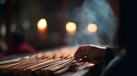 Wooden incense sticks in the hands of a girl in a dark roomの素材