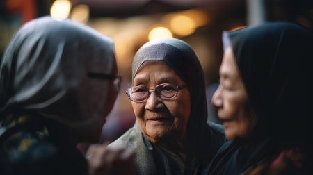 Old muslim women in the street at night, Malacca, Malaysiaの素材
