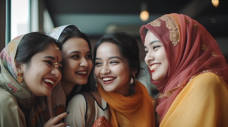 Portrait of three young beautiful Asian muslim women smiling at the cameraの素材