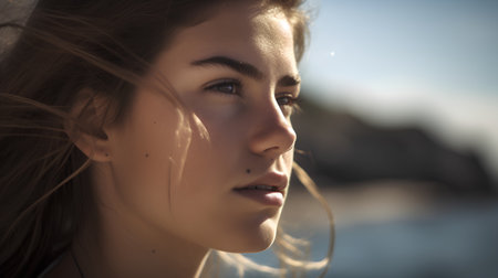 Portrait of a beautiful girl in the rays of the setting sunの素材