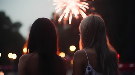 Two beautiful girls look at fireworks on the background of the night cityの素材
