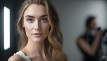 Portrait of a beautiful young blonde woman with makeup in a beauty salonの素材