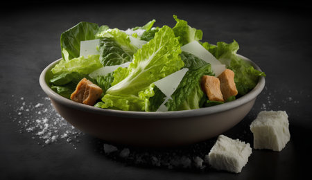 Fresh green salad with croutons in a bowl on dark backgroundの素材
