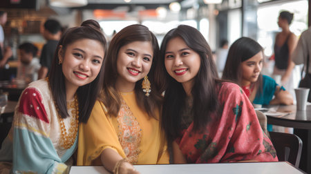 Group of asian women in Thai traditional dress sitting in a cafeの素材