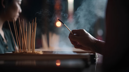 Incense sticks burning in a Buddhist temple, closeup of handsの素材