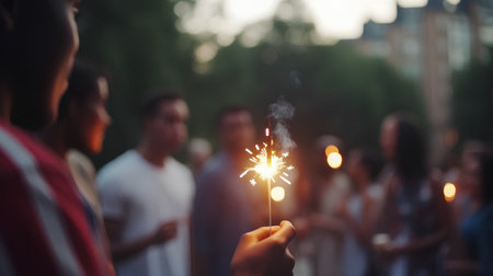 Silhouettes of people holding a burning sparkler in their handsの素材