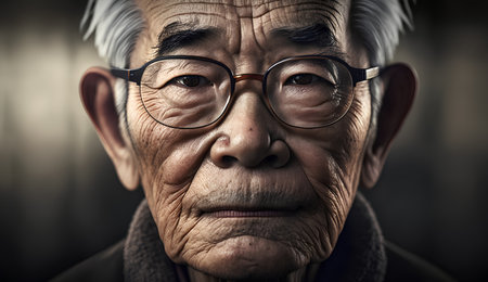 Portrait of an old asian man with eyeglasses.の素材