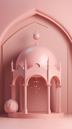 3d rendering of a pink mosque with arches and a lanternの素材
