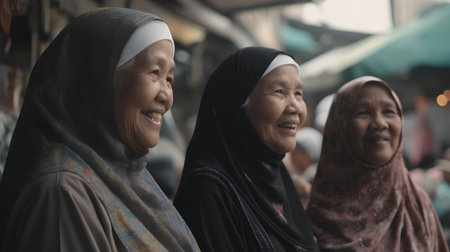 Elderly Muslim women in traditional clothes at the street market.の素材
