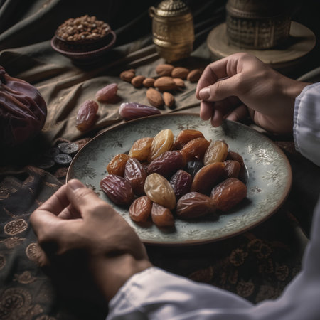 Hands of a Muslim woman eating dates on the table. Selective focus.の素材