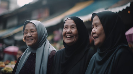 Group of asian muslim women wearing hijab and smiling at the marketの素材