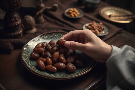 Female hands holding dates in a bowl on the table. Selective focus.の素材