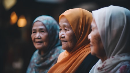 Elderly Muslim women in traditional clothes at a market in Indiaの素材