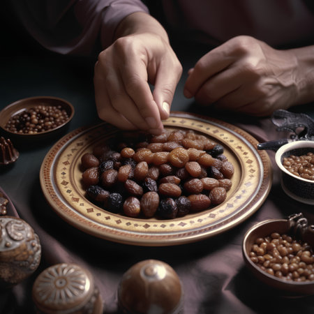Dried dates in a bowl and a woman's hands, dark backgroundの素材