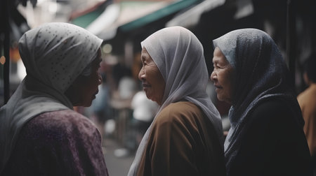 Muslim women walking in the street in Hanoi, Vietnam.の素材