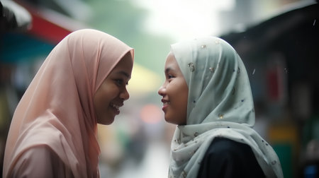 Muslim mother and her daughter in the streets of Kuala Lumpur, Malaysiaの素材