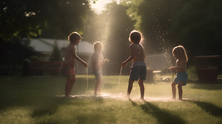 Children playing with water in the garden at sunset. Kids having fun outdoors.の素材