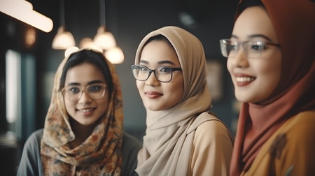 Portrait of three muslim women wearing eyeglasses looking at cameraの素材