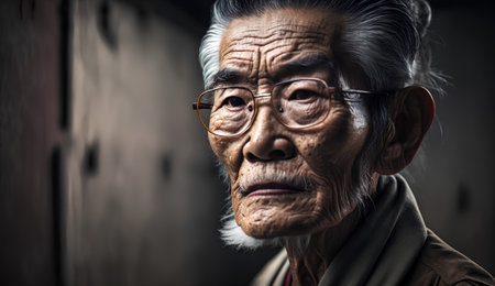 Portrait of an old asian woman with eyeglasses.の素材