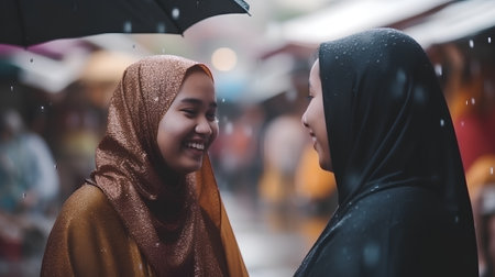 Muslim woman and her friend with umbrella in the street under the rainの素材