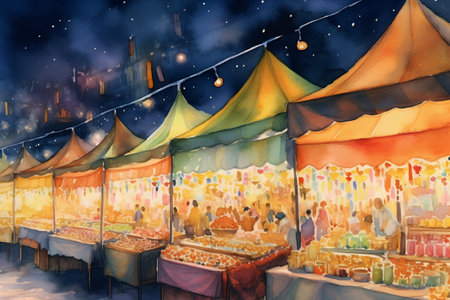 Illustration of market stall at night. Digital watercolor painting.の素材