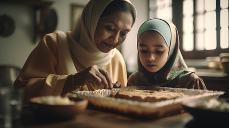 Muslim mother and daughter baking a cake together at home in the kitchenの素材