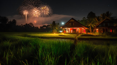 Fireworks in the sky over the rice field at night, Thailandの素材