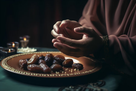 Hands of a Muslim woman praying with dates on a plate.の素材