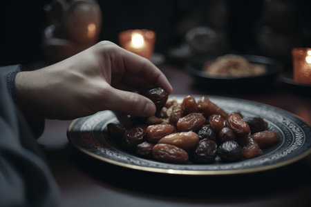 Dates on a plate in the hands of a man. Selective focus.の素材