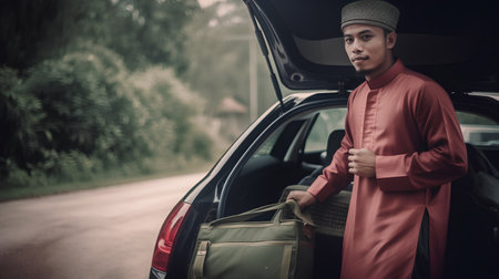 Portrait of young handsome asian muslim man wearing red shirt and hat standing in car trunk with luggage.の素材