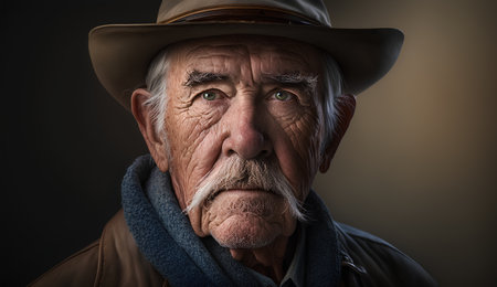 Portrait of an old man in a cowboy hat and scarf.の素材