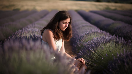 Beautiful young woman in a lavender field. Sunset light.の素材