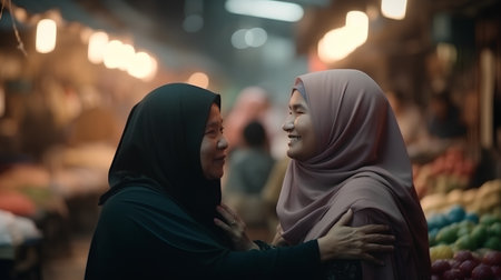 Muslim woman and her daughter shopping at the market in the evening.の素材