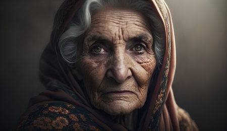 Portrait of an old woman in a shawl on her headの素材