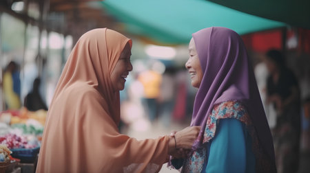 Muslim woman with hijab talking to her friend at street food market.の素材