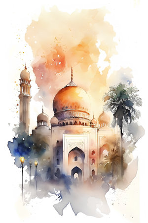 Watercolor Illustration of Taj Mahal, Agra, Indiaの素材