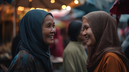 Muslim women in traditional clothes at a market in the city of Kuala Lumpur in Malaysia.の素材