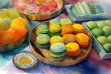 Kanom jeen, Thai dessert on wooden plate, watercolor paintingの素材