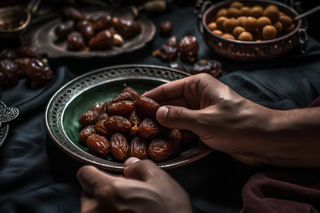 Dates fruit in a bowl on a dark background. Ramadan Kareemの素材