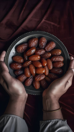 Hands holding a plate with dates on a dark red velvet backgroundの素材