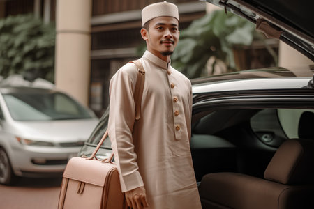 Stylish african american man in beige coat and hat with handbag standing near carの素材