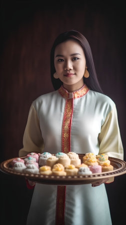 beautiful asian woman in traditional thai dress holding a tray of sweet dessertの素材