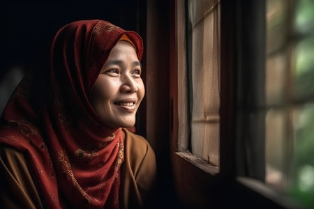 Portrait of a beautiful asian muslim woman smiling at the windowの素材